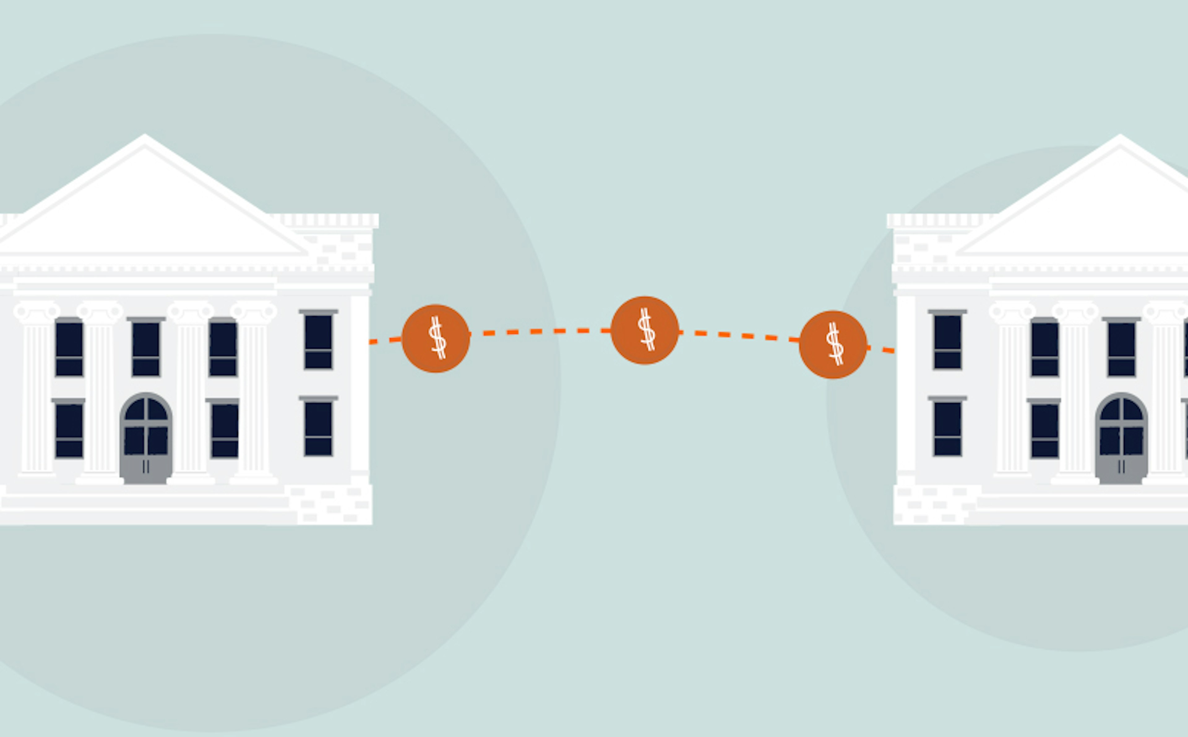 Illustration of two white classical buildings with columns, connected by a dotted line with dollar signs, symbolizing a bank deposit or financial transfer between the structures. The background is light blue.