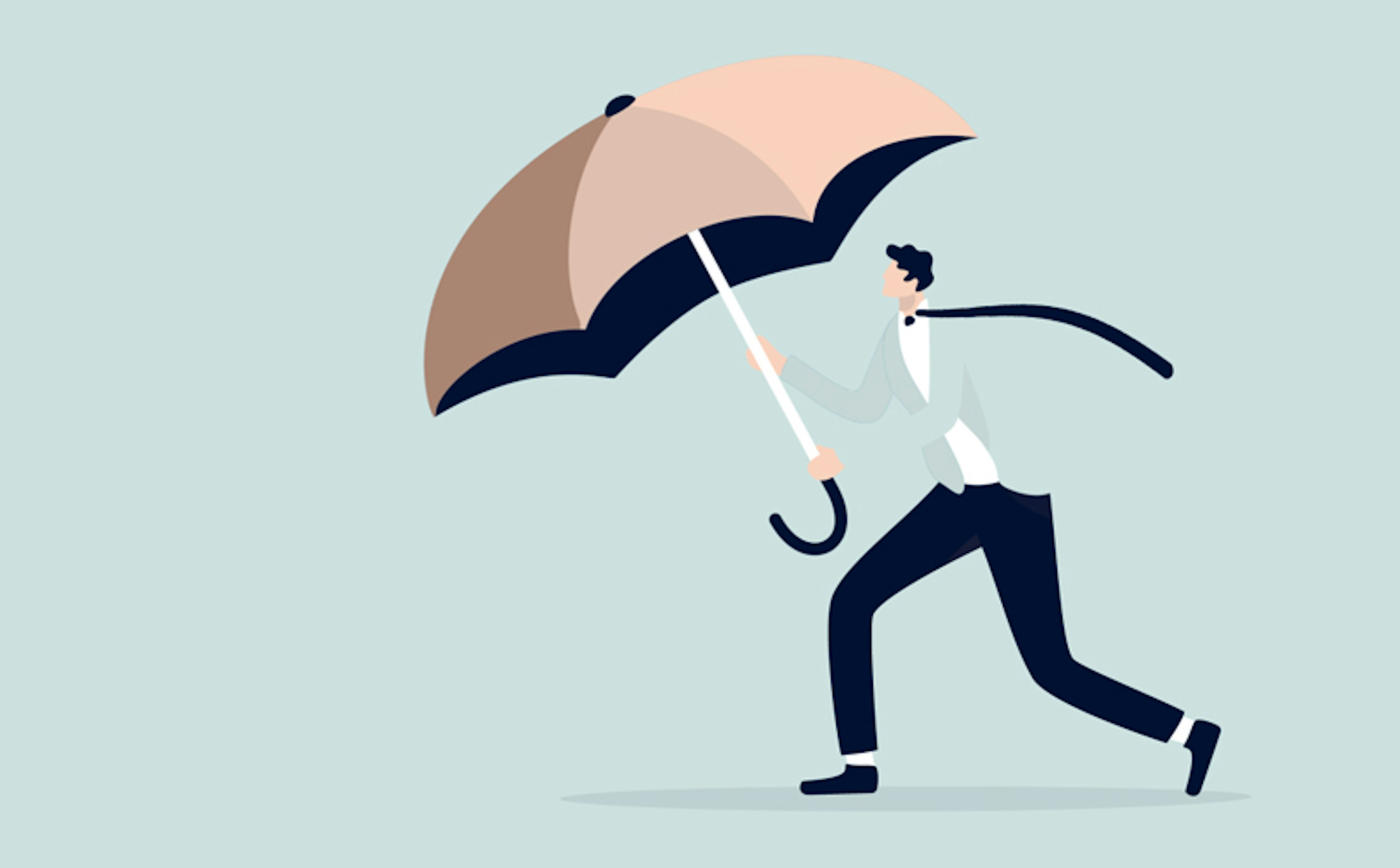 Illustration of a person in a suit running while holding an open umbrella. The umbrella appears to be angled by the wind, and the person's scarf is also blowing behind them. The background is a solid light blue.