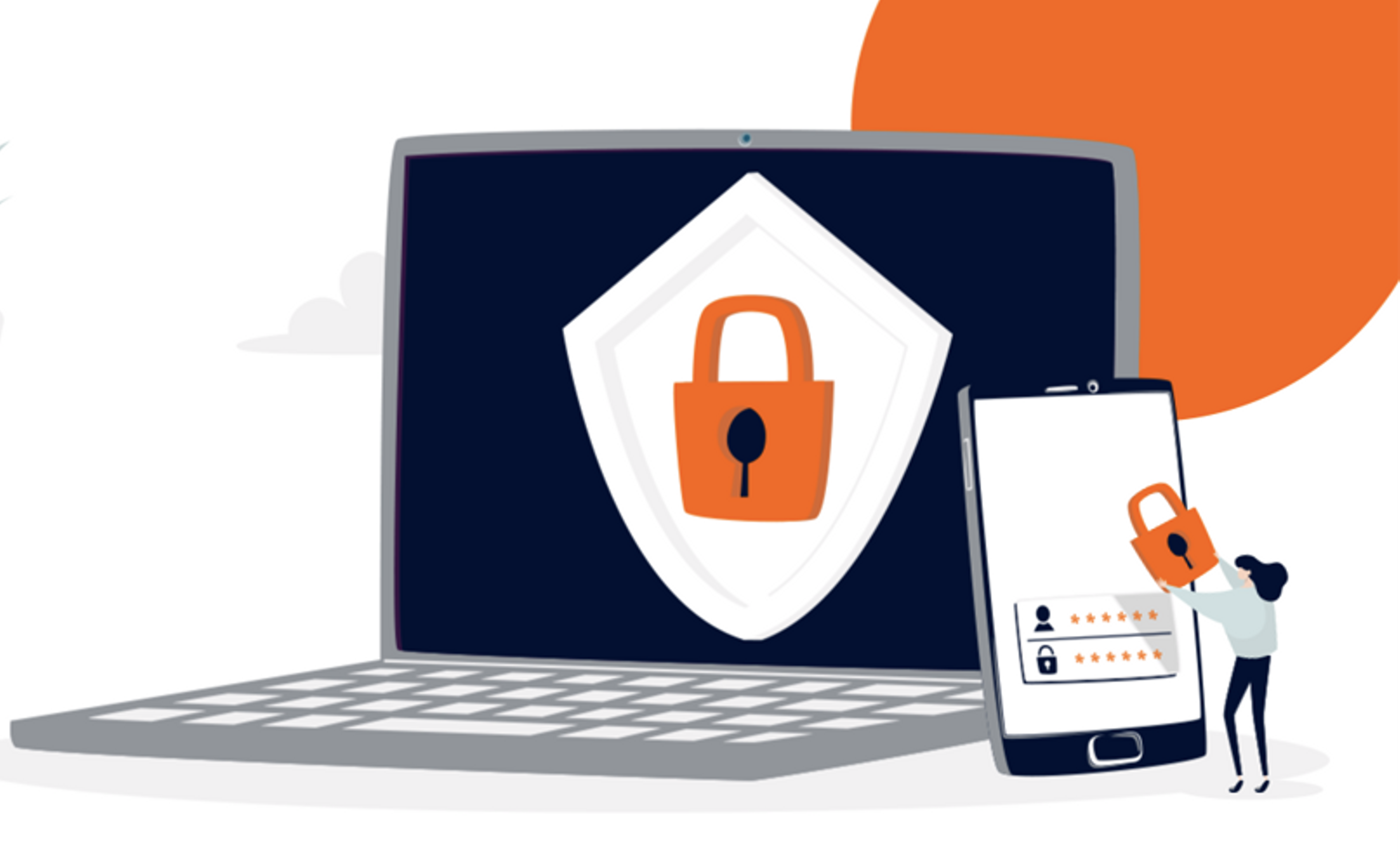 An illustration depicting a large laptop with a shield and padlock symbol on the screen, alongside a smaller figure holding a mobile phone displaying a similar padlock symbol. This signifies security, possibly for data protection or secure access.