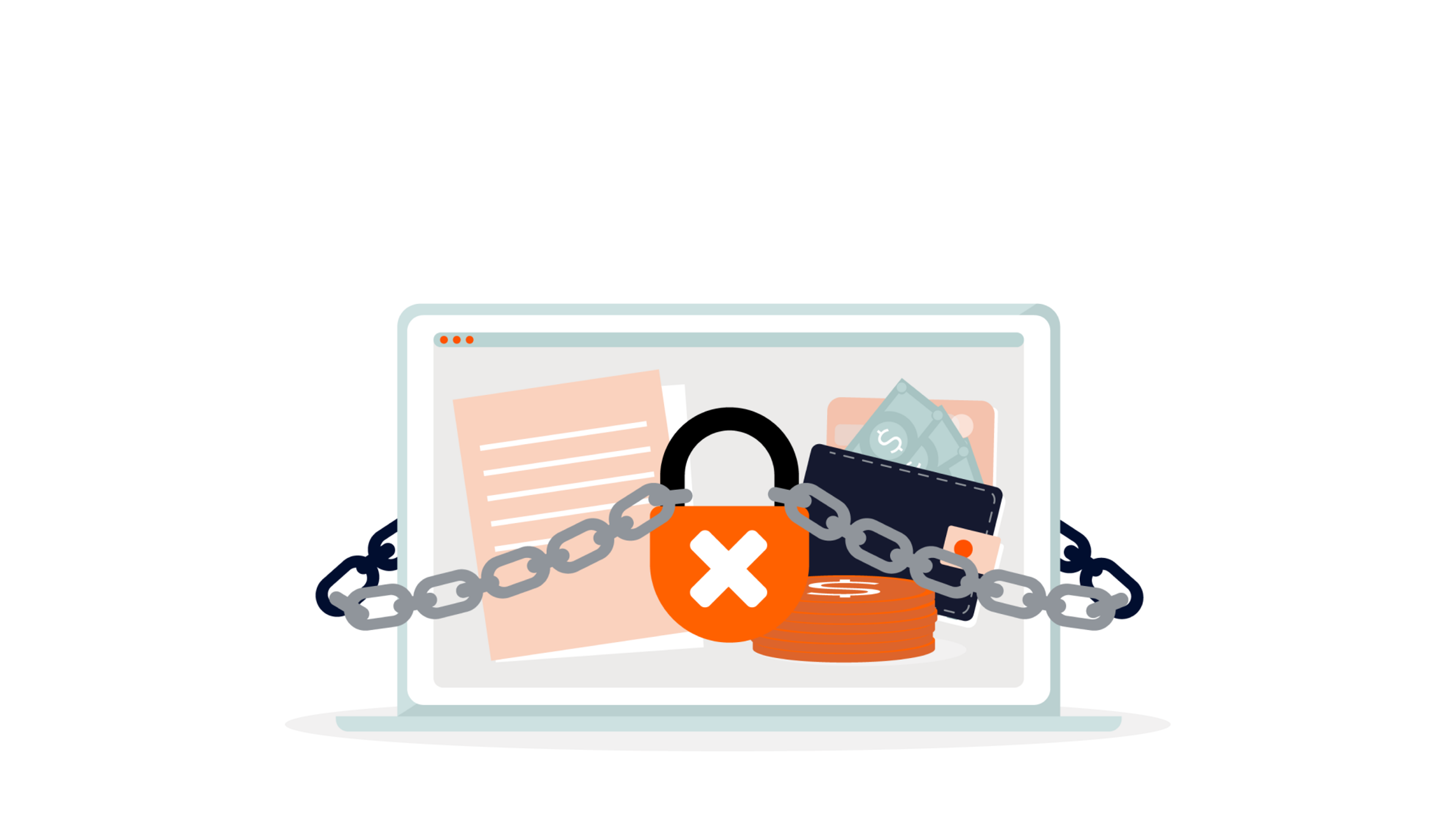 Illustration of a computer screen with a lock icon and a crossed circle at its center, symbolizing restricted access. Chains are wrapped around the screen, and documents, a wallet, money, and a credit card are visible in the background.