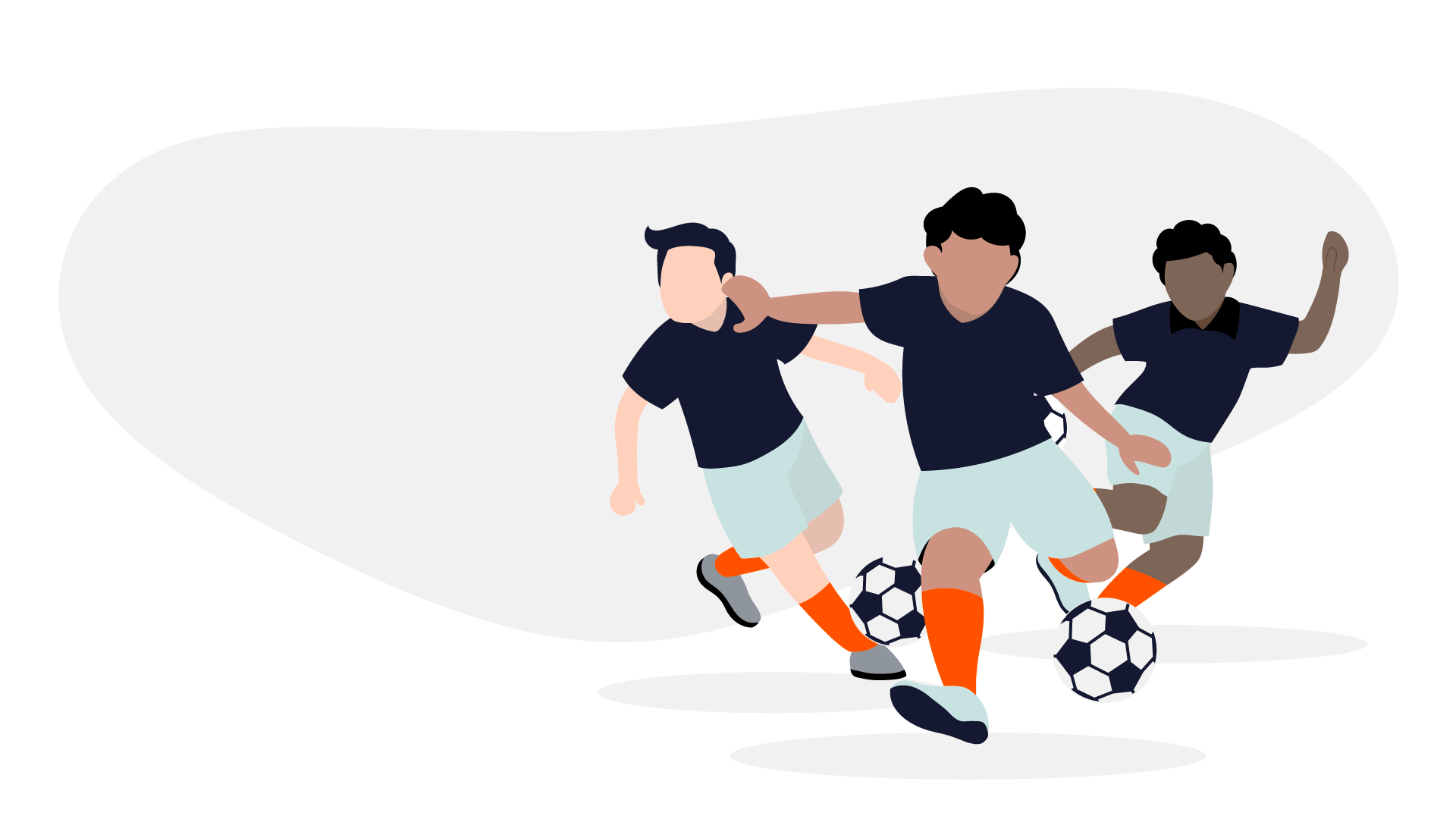 Three children in navy blue shirts and light blue shorts are playing soccer at La Villa de los Soñadores. The child on the right is kicking the ball while the other two run alongside. All three are wearing orange socks and black cleats against a light gray abstract background.