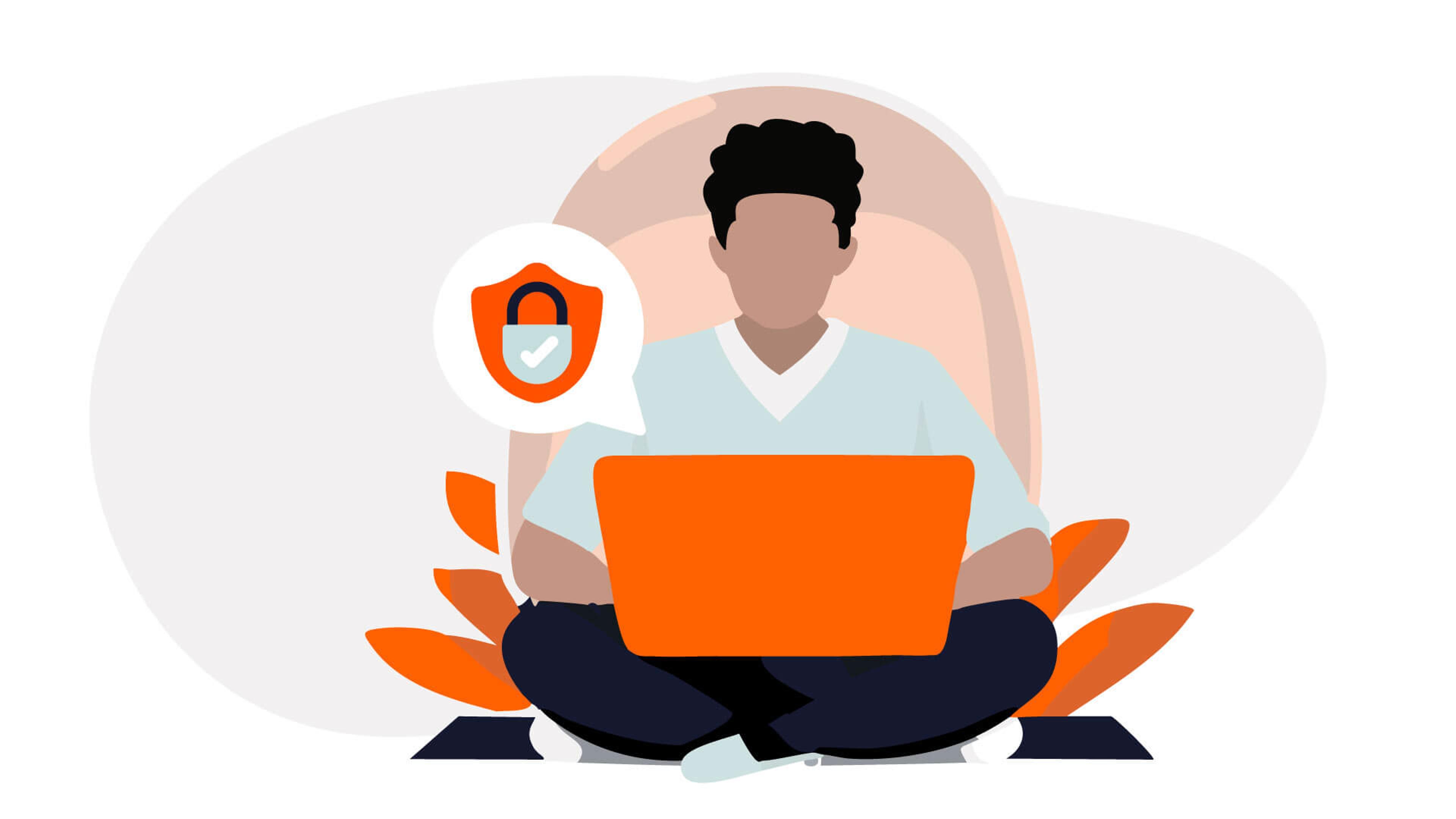 Illustration of a person sitting cross-legged with a laptop on their lap. A speech bubble with a padlock and shield icon appears next to them, symbolizing security. The background features abstract shapes and foliage in shades of orange and grey.