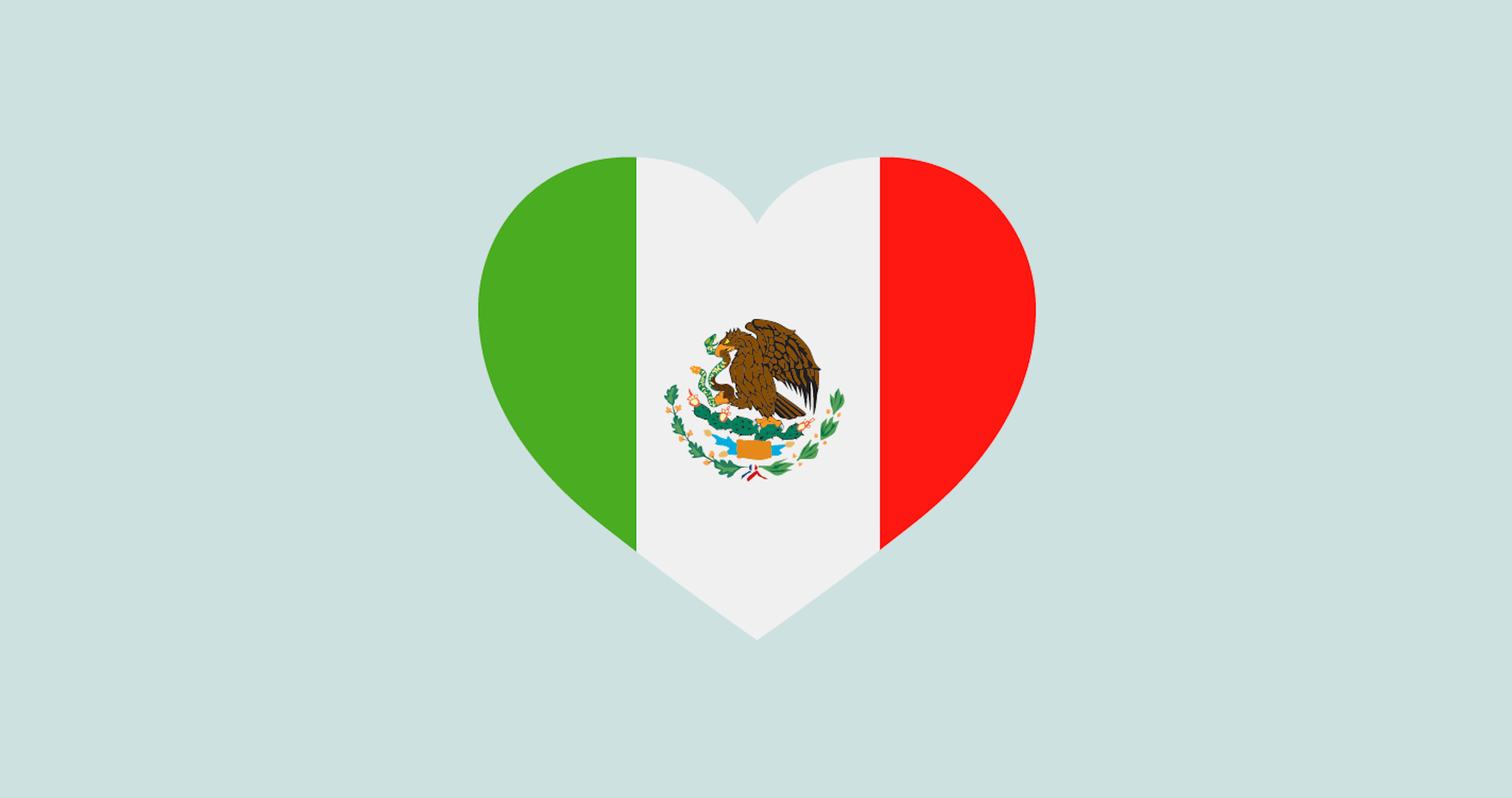 A heart-shaped design featuring the flag of Mexico. The design consists of three vertical stripes: green on the left, white with the Mexican coat of arms (an eagle with a snake perched on a cactus) in the center, and red on the right.