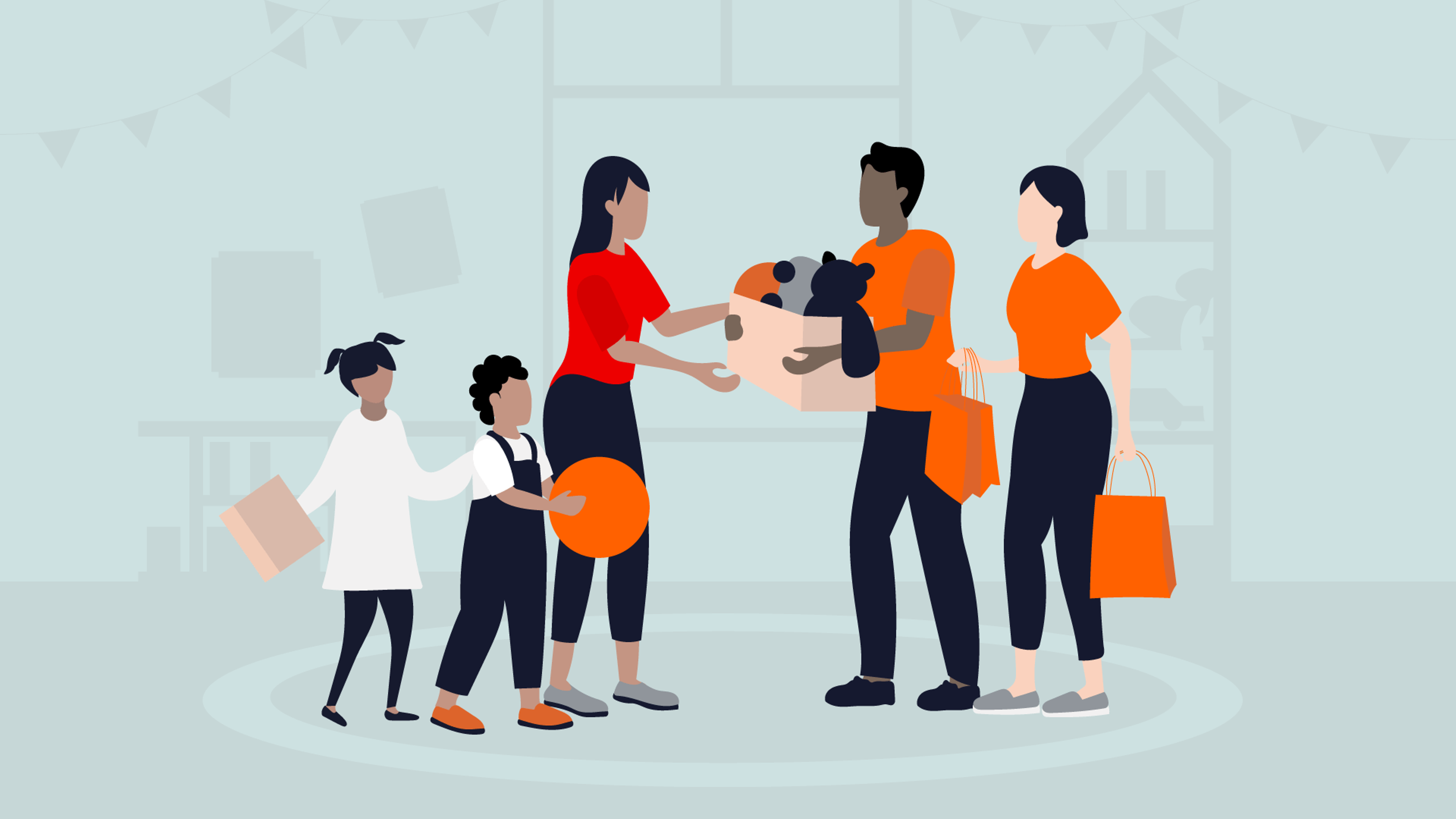 An illustration shows a family of four engaging in a heartwarming moment. A woman and man exchange a box filled with toys, symbolizing the support for Save the Children. Nearby, a child holding an orange ball stands beside the woman, while another child with pigtails and white top holds a book.