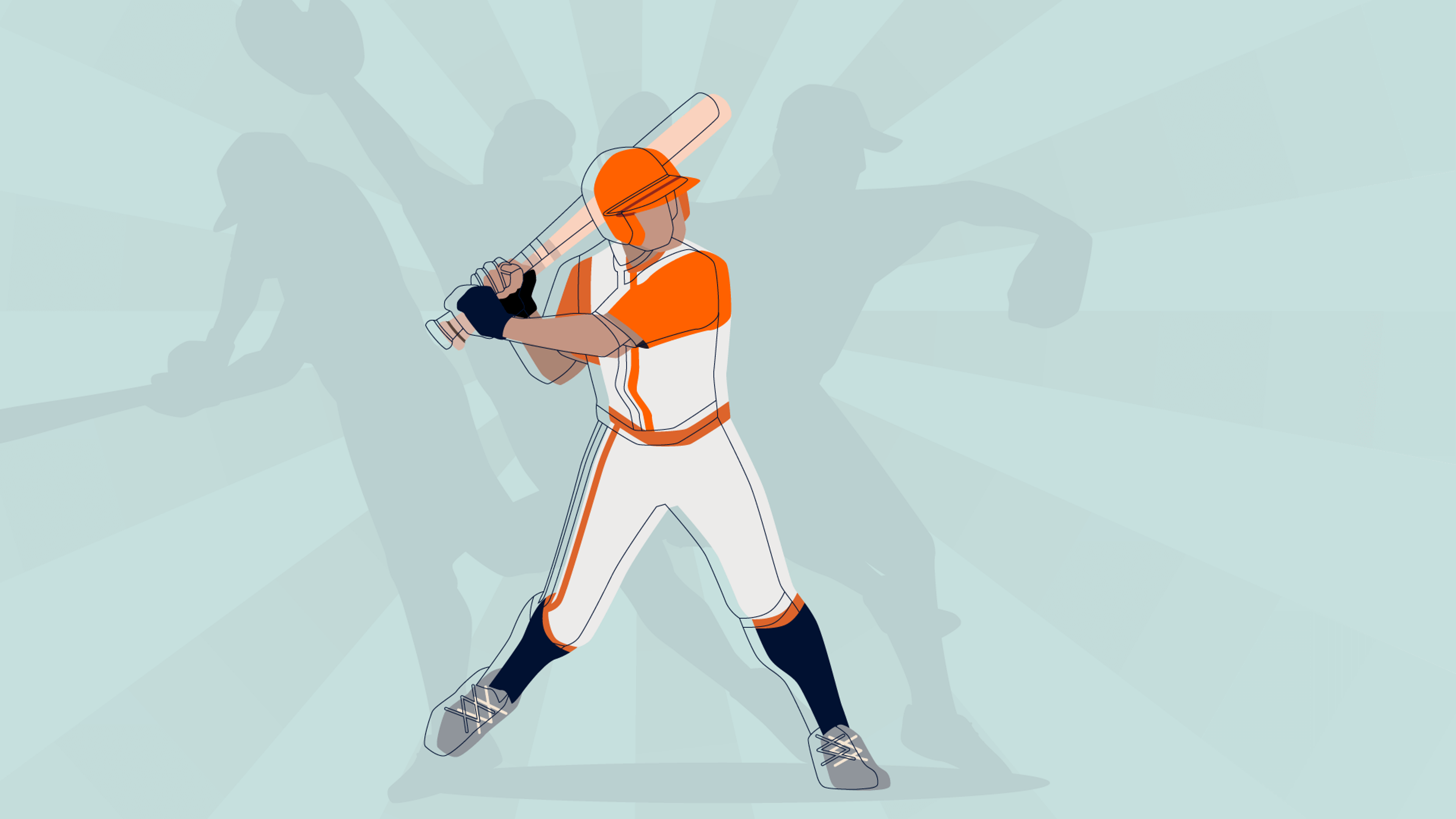 Illustration d'un joueur de baseball en uniforme orange et blanc, prêt à frapper. L'ombre d'un lanceur en mouvement est visible à l'arrière-plan sur un dégradé radial bleu clair.