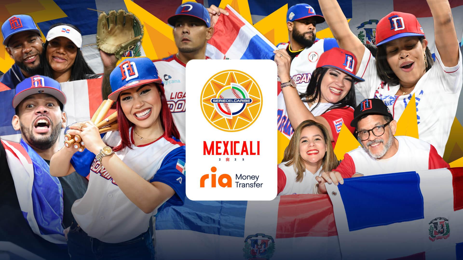 Un grupo de personas con ropa y gorras con temática de béisbol, algunas sosteniendo una bandera nacional y posando con entusiasmo. El gráfico central incluye un logotipo de béisbol, "Mexicali 2023" y "Ria Money Transfer". Parecen celebrar un evento deportivo.