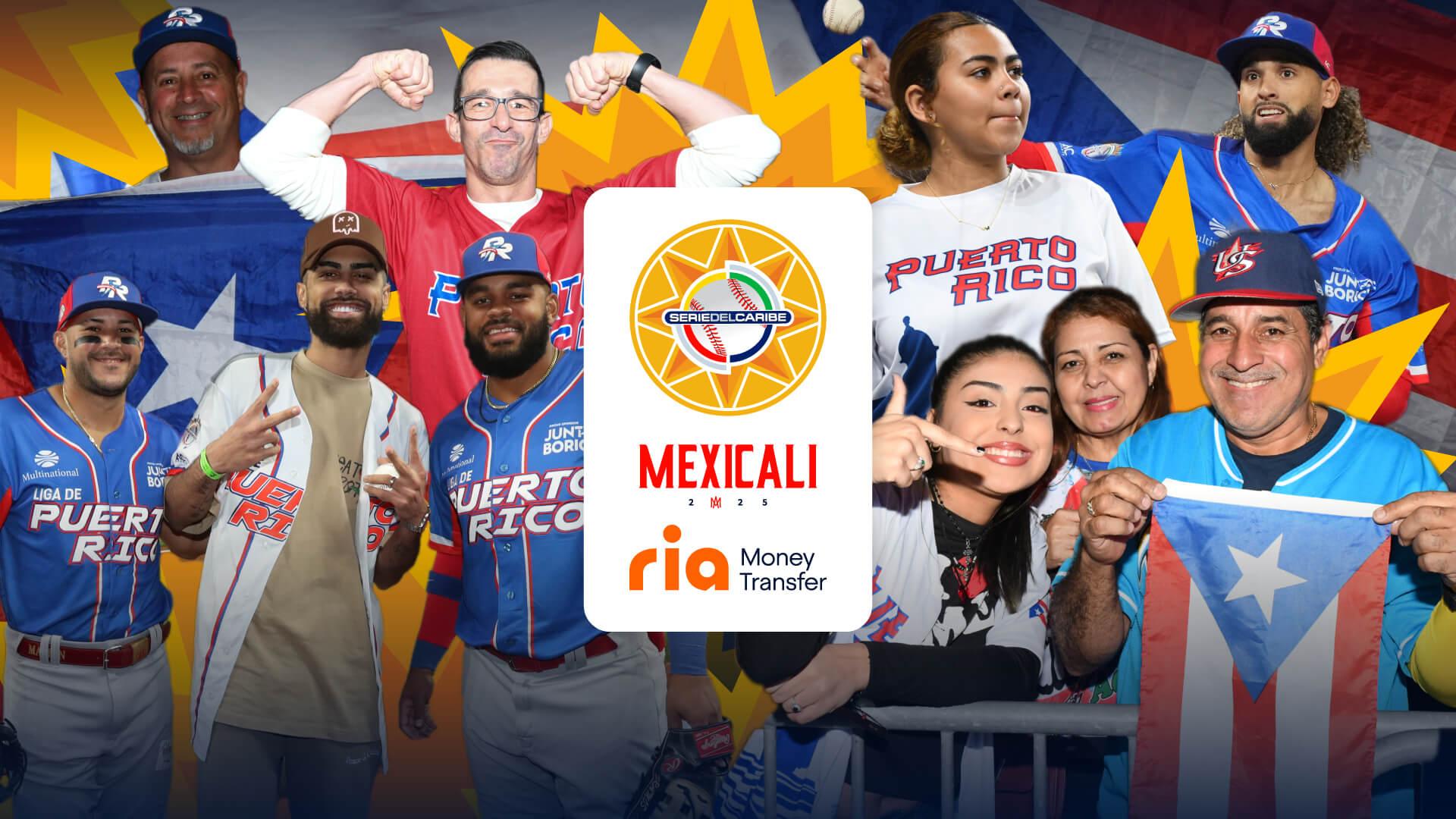 Un grupo de personas con camisetas y gorras de béisbol de Puerto Rico posa con entusiasmo. Se encuentran frente a un fondo con banderas puertorriqueñas y el logo de la Serie del Caribe Mexicali 2023. Los espectadores sostienen banderas, sonríen y muestran su apoyo.