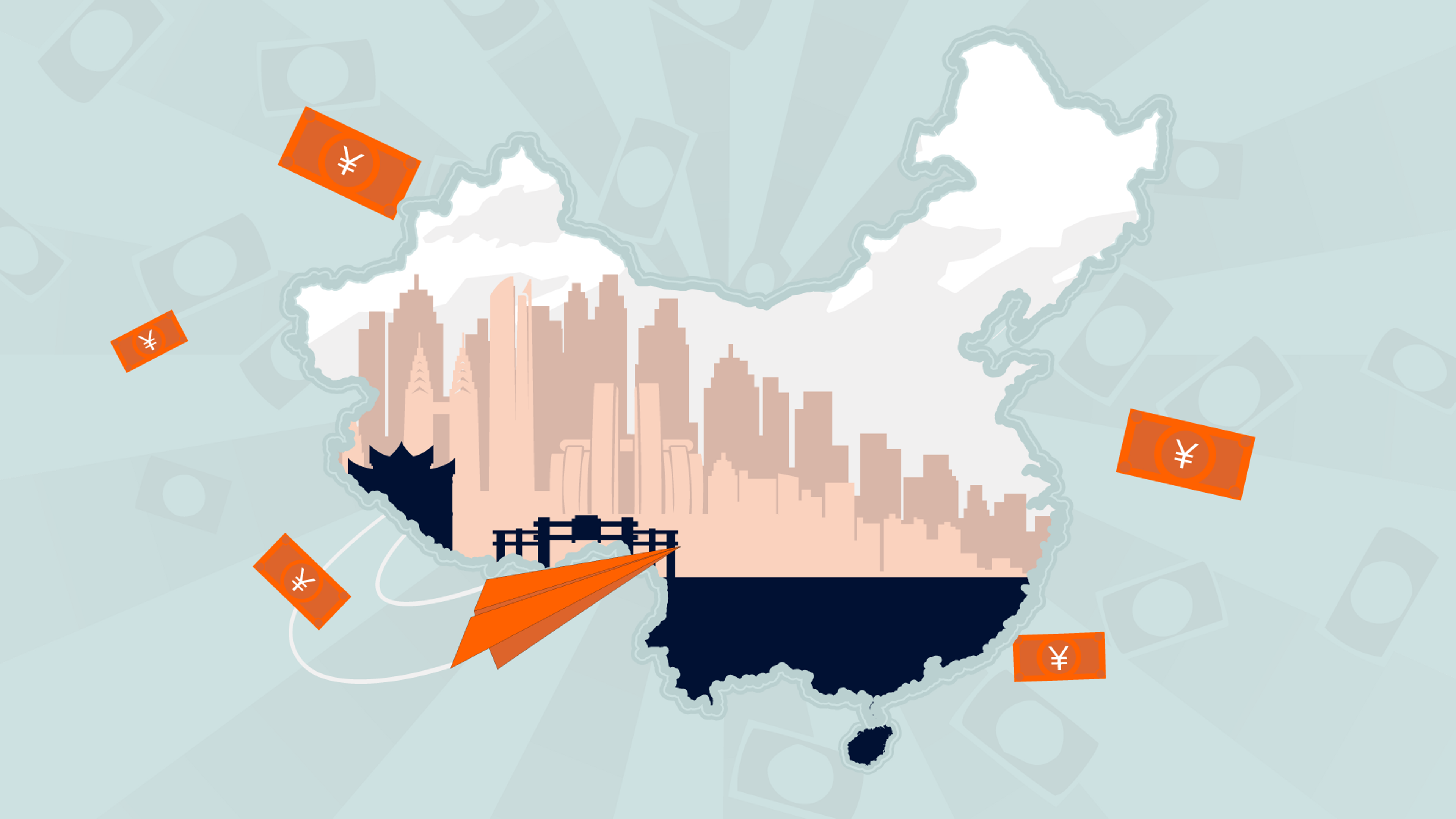 Illustration of a map of China with a city skyline inside, capturing the theme of migration and remittances. An orange paper airplane carrying an envelope flies over the map, accompanied by envelopes featuring a yuan symbol. The background displays a pattern of faint currency symbols.